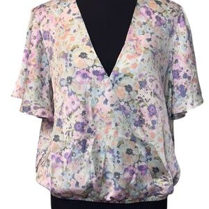 Astr Pastel Floral Flutter Sleeve V-Neck Wrap Blouse in Satin
